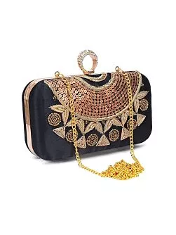 Women Embroidered Navy Blue Ring Clutch