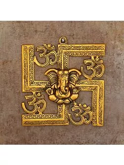Om Swastik Metal Golden Wall Hanging with Lord Ganesha