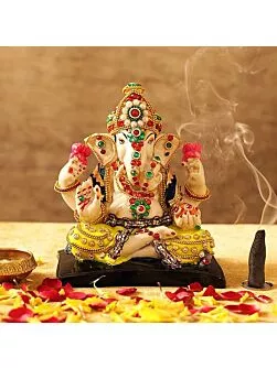 Ganesha Idol Statue Showpiece Figurine (Resin, Multi, 16 cm x 14 cm x 7 cm)
