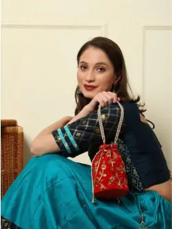 Red Women Round Velvet Stylish Potli Pouches with Pearl Handle