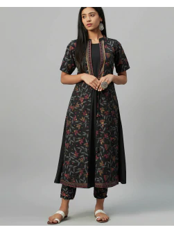 Women Printed A-line Black Kurta with Pants