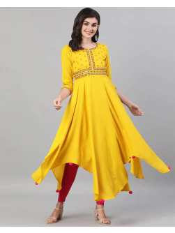 Woman Embroidered Flared Kurta with Asymmetric Hem