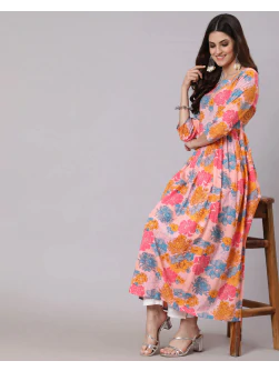 Woman Floral Print Orange Anarkali Flared Kurta