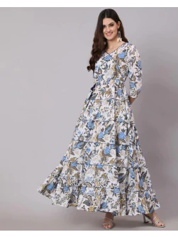 Woman Floral Print Blue Anarkali Flared Tiered Kurta