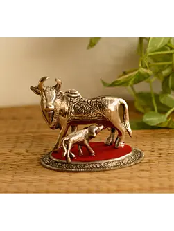 Silver White Metal Kamdhenu cow and calf statue