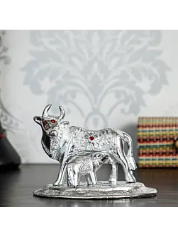 Silver White Metal Decorative Kamdhenu Cow with Calf Statue