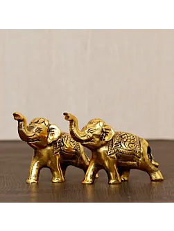 Set of 2 Golden Metal Elephants Statue, Animal Figurine Decorative Showpiece