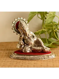White Metal Silver and Red Lord Ganesha Idol