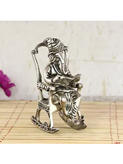 Silver Metal Lord Ganesha Idol Reading Book on Rocking Chair