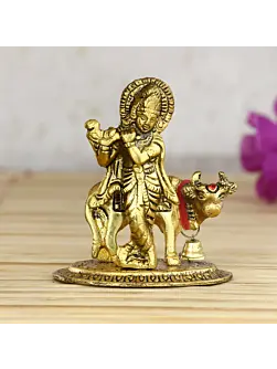Golden Metal Lord Krishna playing Flute with Cow Showpiece