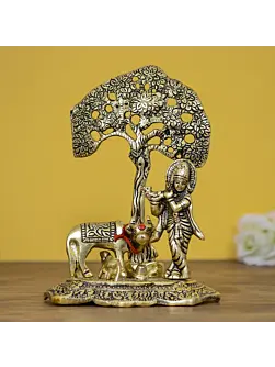 Golden Lord Krishna Idol playing Flute under Tree with Cow and Calf