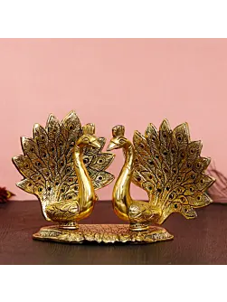 Set Of 2 Loving Golden Peacock Statue Decorative Metal Bird Figurines