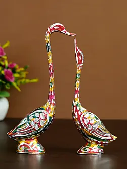 Colorful Metal Kissing Swan Couple Handcrafted Decorative Figurine showpiece