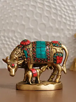 Gold, Green and Red Handcrafted Stone Work Brass Cow and Calf Idol Animal Figurine
