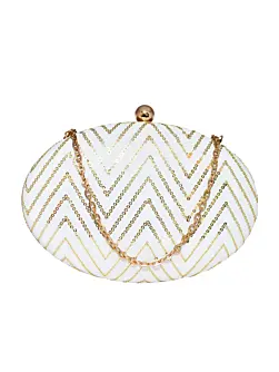 Woman White Embroidered Oval Clutch