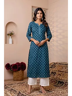 Women Teal Blue Printed Straight Kurta