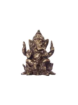 Antique Finish Brass Lord Ganesha Idol On Lotus Flower