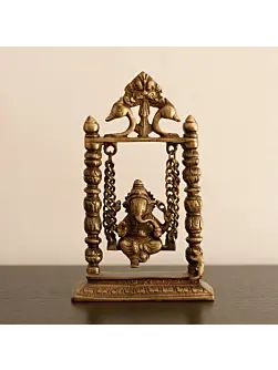 Gold Brass Lord Ganesha on Peacock Swing (Jhoola)