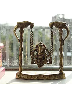 Gold Brass Lord Ganesha on parrot Swing (Jhoola)
