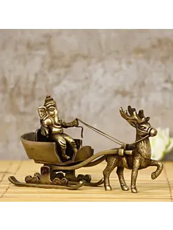 Gold Brass Ganesha Enjoying Ride With Deer Cart Decorative Showpiece