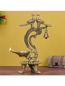 Golden Antique Finish Decorative Handcrafted Peacock Couple Brass Diya with bell Stand