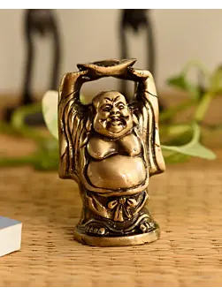 Standing Laughing buddha statue holding a gold ingot, with his hands upright