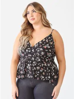Plus Floral Sleeveless Wrap Neck Flare Hem Top