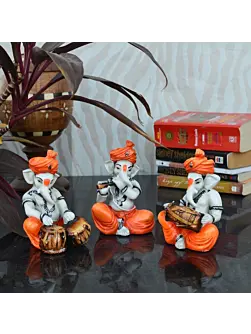 Orange Set of 3 Polyresin Ganesha Idol Playing Tabla, Flute and Dholak