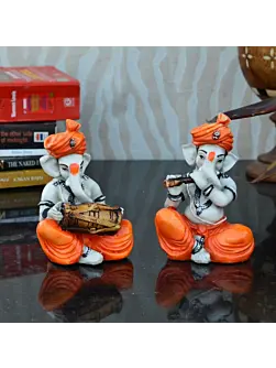 Set Of 2 Lord Ganesha Idols Playing Dholak And Flute