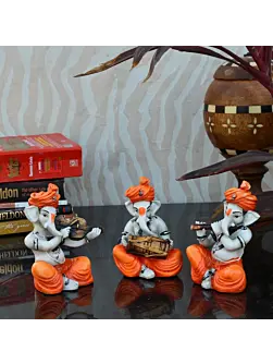 Set Of 3 Lord Ganesha Idols Playing Violen, Dholak, And Flute