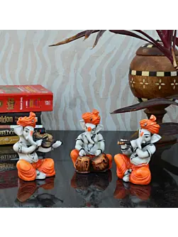 Orange Set of 3 Ganesha Idols Playing Violin, Tabla and Flute Musical Instruments