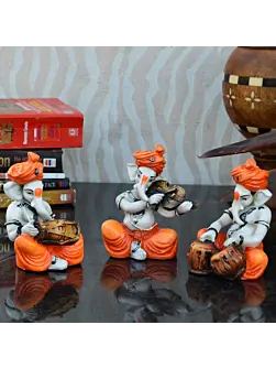 Orange Set of 3 Polyresin Ganesha Idol Playing Dholak, Violin and Tabla