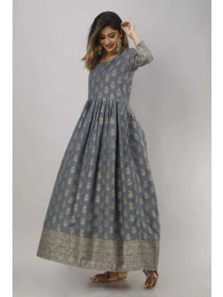 Women Printed Viscose Rayon Flared Kurta  (Grey)