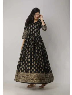 Women Printed Viscose Rayon Flared Kurta  (Black)