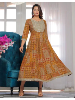 Women Printed Viscose Rayon Anarkali Kurta (Gold, Multicolor)