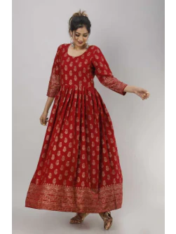 Women Printed Viscose Rayon Flared Kurta  (Maroon)