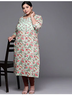 Women Plus Size Green & Orange Ethnic Motifs Printed Mirror Work Kurta