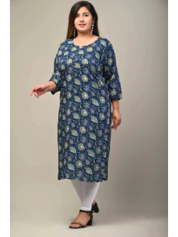 Women Plus Size Blue Pure Cotton Printed Straight Kurta