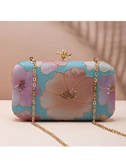 Woman Pastel Blue Base Floral Printed Fabric Clutch