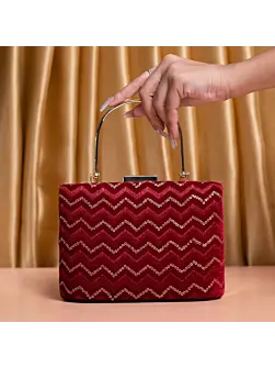 Women Red Zigzag Pattern Embroidery Party Clutch