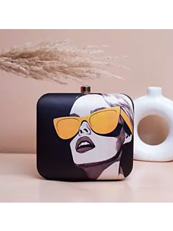 Women Black Based Women Portrait Printed Clutch