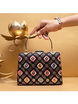 Women Black Multicolor Sequins Embroidery Clutch