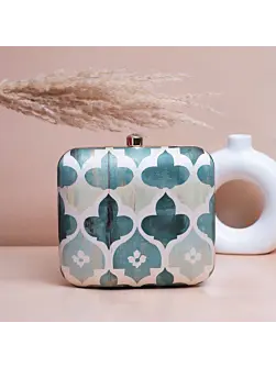 Woman White Based Teal Leaf Pattern Printed Clutch