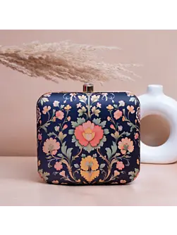 Women Blue Based Floral Printed Clutch
