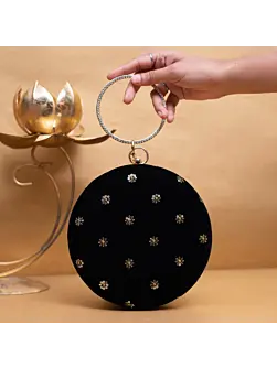 Woman Black Sequins Embroidery Fabric Round Clutch
