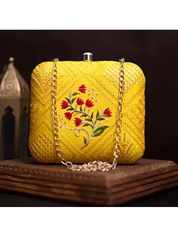 Women Yellow And Red Floral Embroidery Clutch