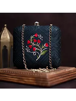 Woman Black And Red Floral Embroidery Clutch