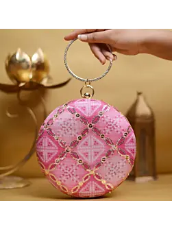 Woman Pink And Golden Sequins Round Party Clutch