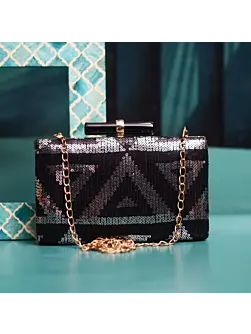 Woman Black And Silver Sequins Party Clutch