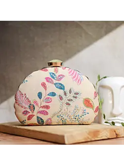 Women Beige Sequins Embroidered D-shape clutch